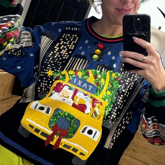 QUEEN OF SPARKLES Festive Taxi Sweater - Blue, Black, Yellow - Picture 2 of 5